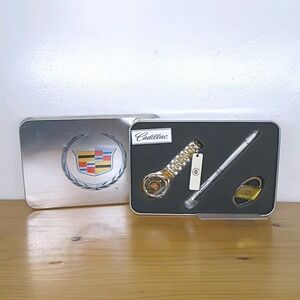 Vintage Cadillac Logo Two-tone Dial Men's Stainless Date Watch Pen Keychain